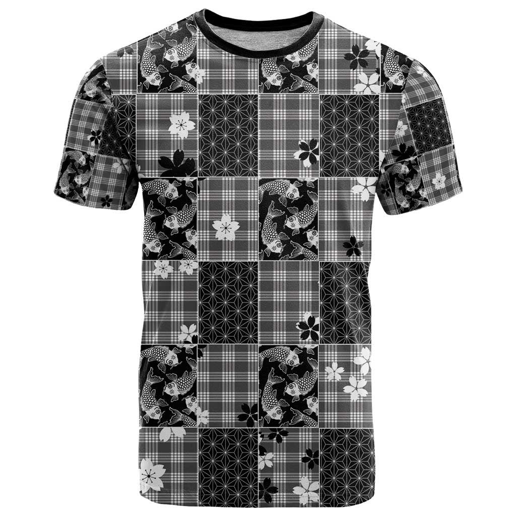 Black Palaka Japanese Patterns T Shirt Koi Fish Asanoha Sakura Patchwork Stylized - Polynesian Pride