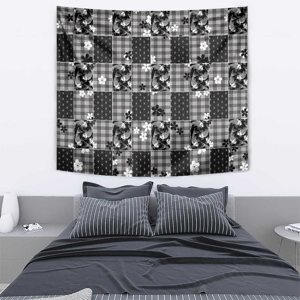 Black Palaka Japanese Patterns Tapestry Koi Fish Asanoha Sakura Patchwork Stylized - Polynesian Pride