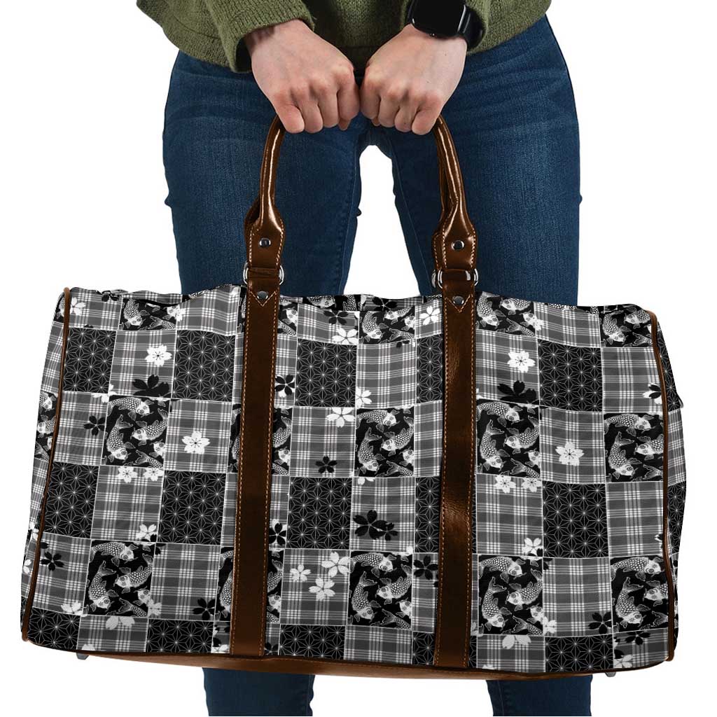 Black Palaka Japanese Patterns Travel Bag Koi Fish Asanoha Sakura Patchwork Stylized - Polynesian Pride