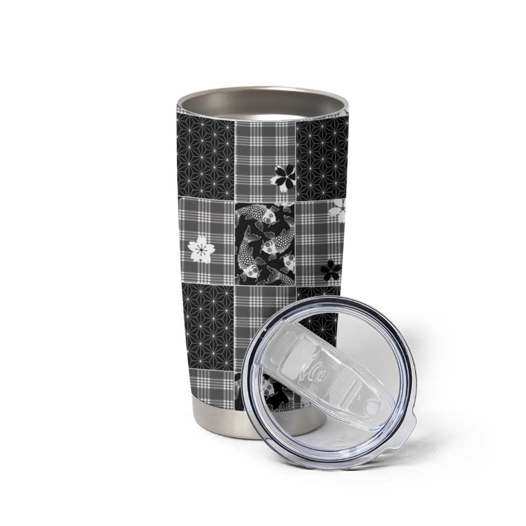 Black Palaka Japanese Patterns Tumbler Cup Koi Fish Asanoha Sakura Patchwork Stylized - Polynesian Pride