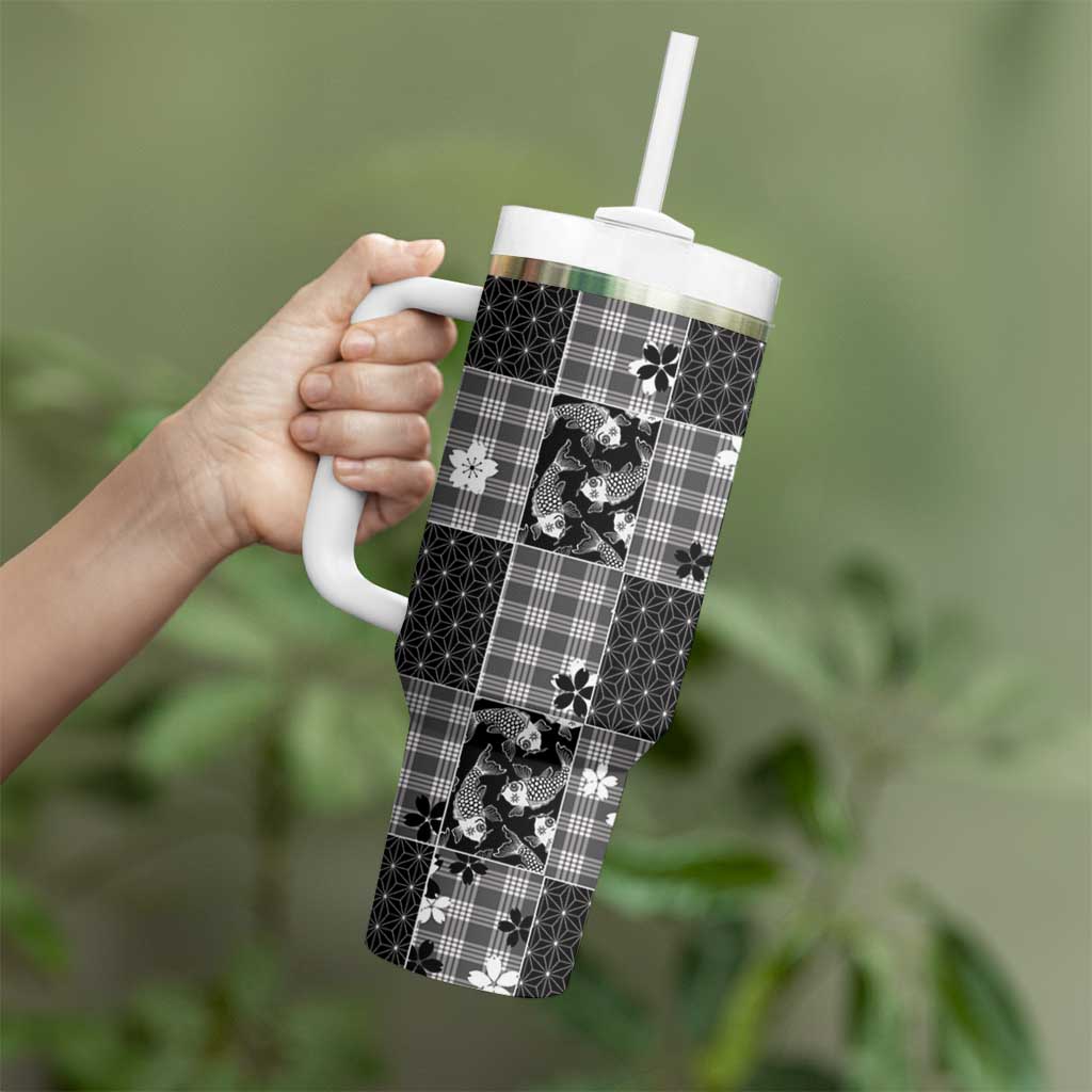 Black Palaka Japanese Patterns Tumbler With Handle Koi Fish Asanoha Sakura Patchwork Stylized - Polynesian Pride