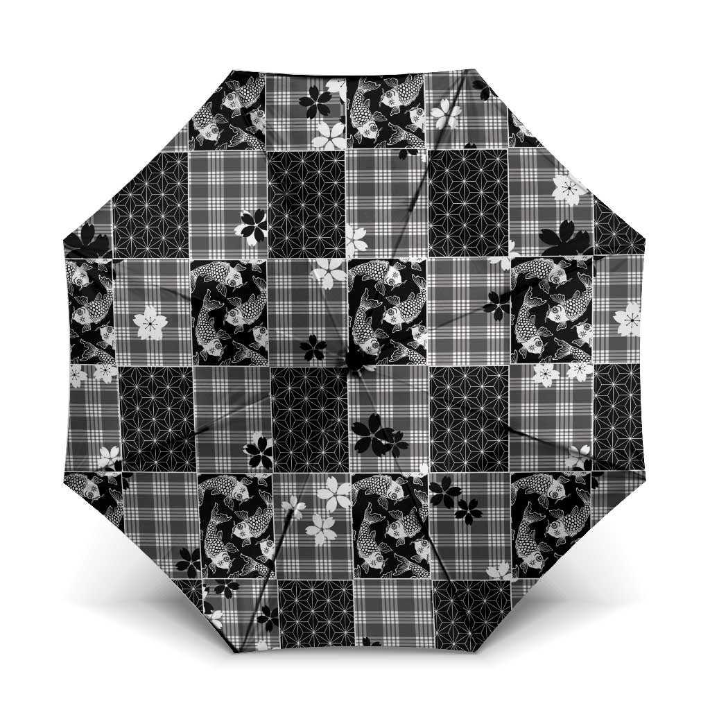 Black Palaka Japanese Patterns Umbrella Koi Fish Asanoha Sakura Patchwork Stylized - Polynesian Pride