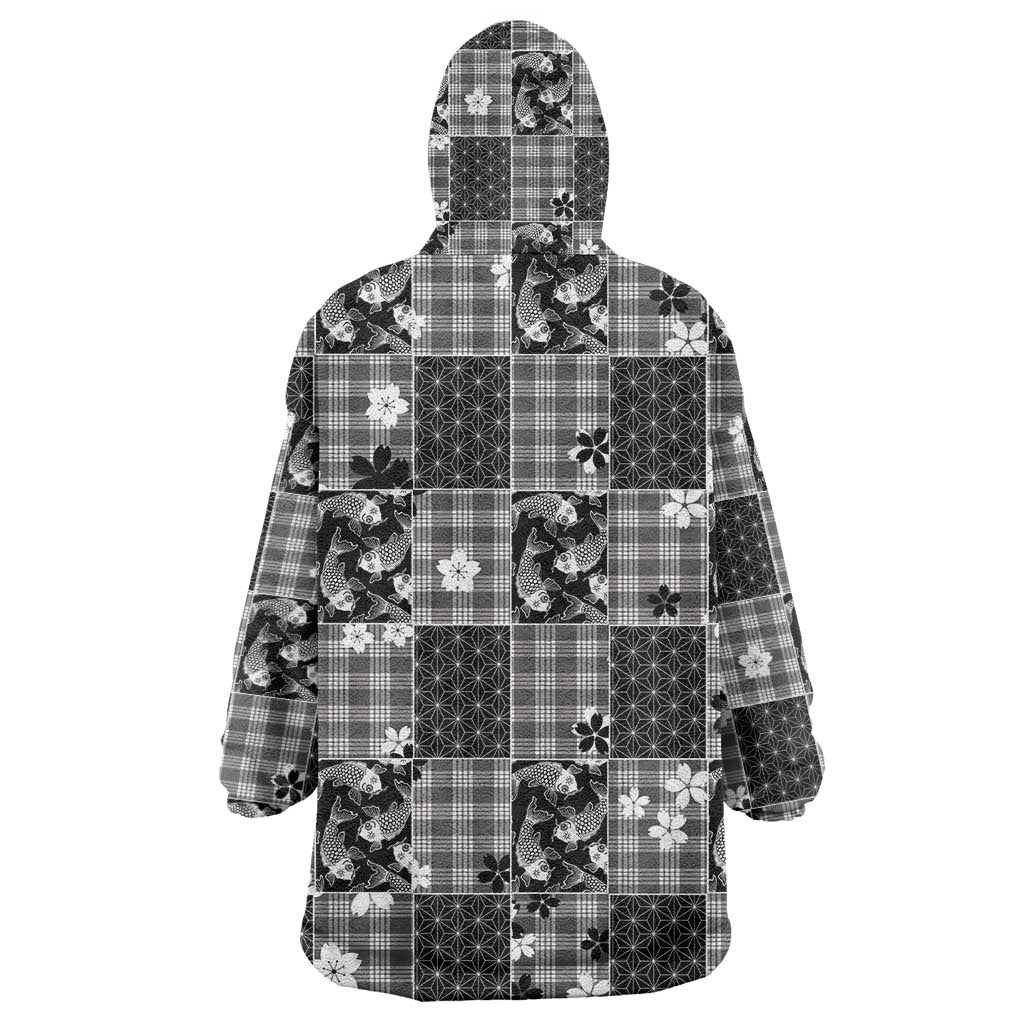 Black Palaka Japanese Patterns Wearable Blanket Hoodie Koi Fish Asanoha Sakura Patchwork Stylized LT14 - Polynesian Pride
