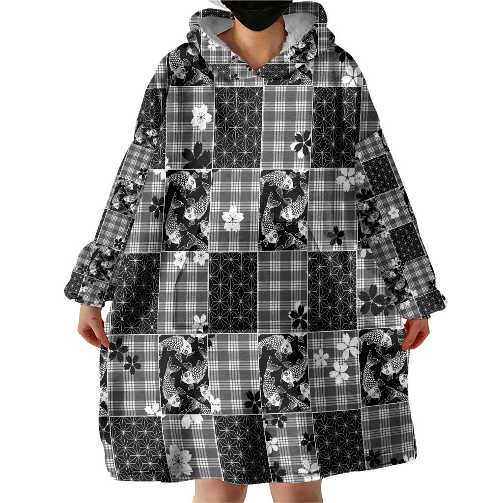 Black Palaka Japanese Patterns Wearable Blanket Hoodie Koi Fish Asanoha Sakura Patchwork Stylized LT14 - Polynesian Pride