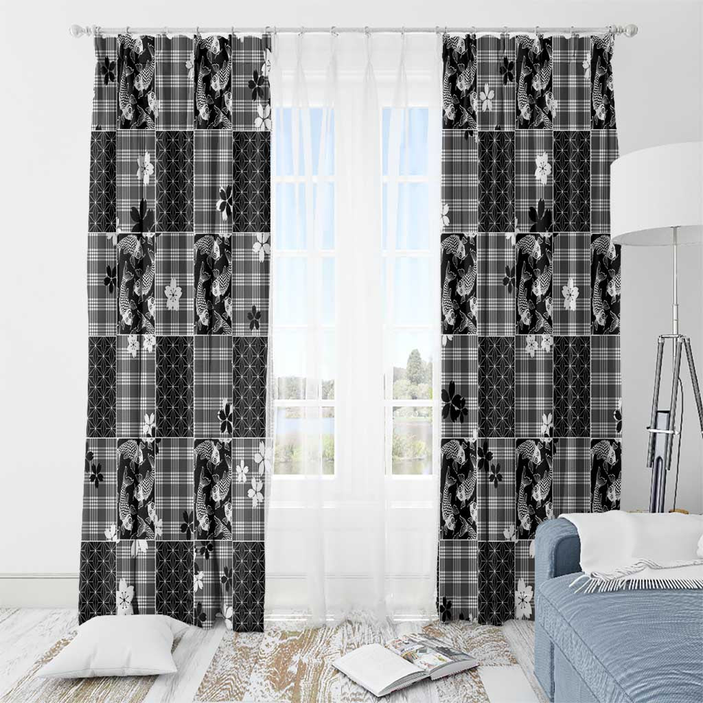 Black Palaka Japanese Patterns Window Curtain Koi Fish Asanoha Sakura Patchwork Stylized - Polynesian Pride