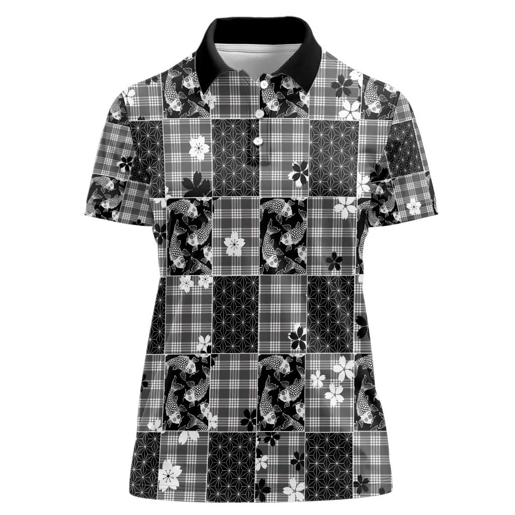 Black Palaka Japanese Patterns Women Polo Shirt Koi Fish Asanoha Sakura Patchwork Stylized - Polynesian Pride