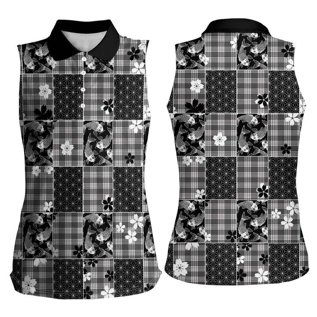 Black Palaka Japanese Patterns Women Sleeveless Polo Shirt Koi Fish Asanoha Sakura Patchwork Stylized LT14 - Polynesian Pride