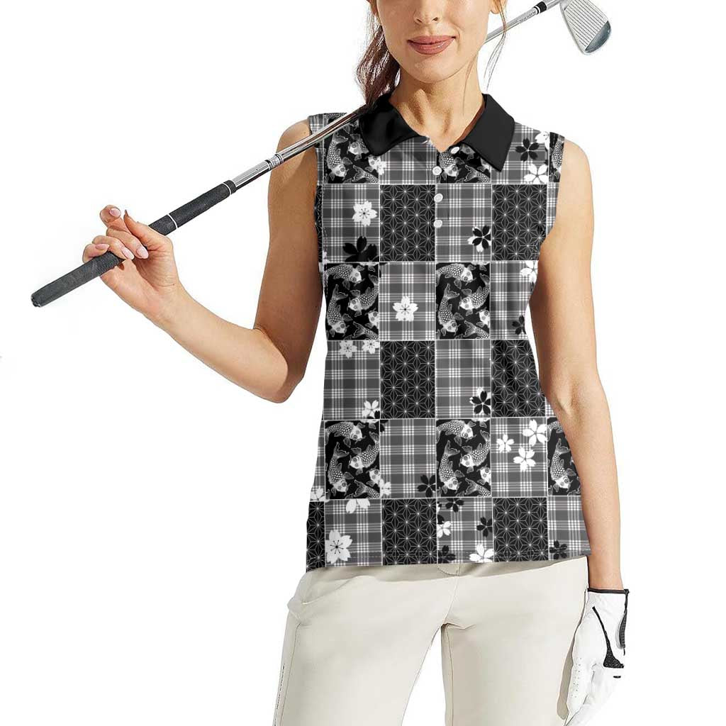 Black Palaka Japanese Patterns Women Sleeveless Polo Shirt Koi Fish Asanoha Sakura Patchwork Stylized LT14 - Polynesian Pride