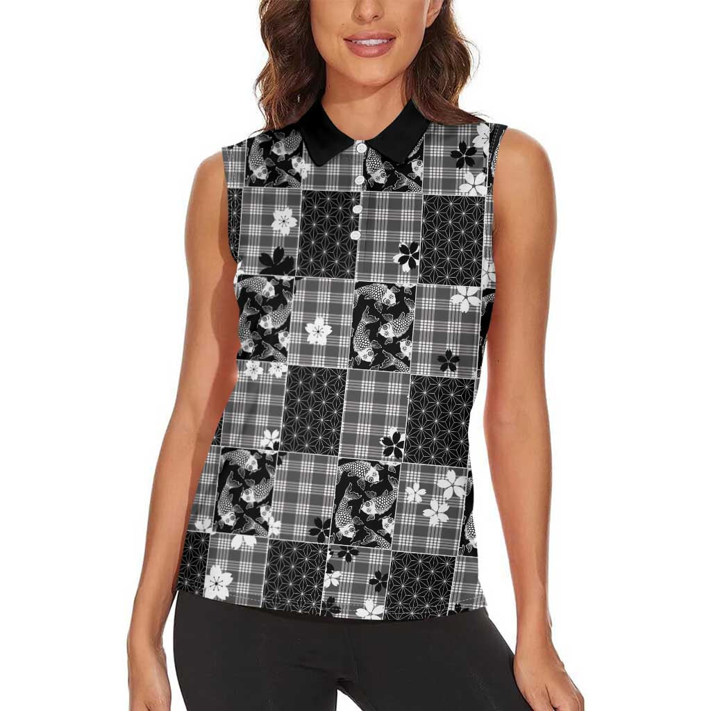 Black Palaka Japanese Patterns Women Sleeveless Polo Shirt Koi Fish Asanoha Sakura Patchwork Stylized LT14 - Polynesian Pride