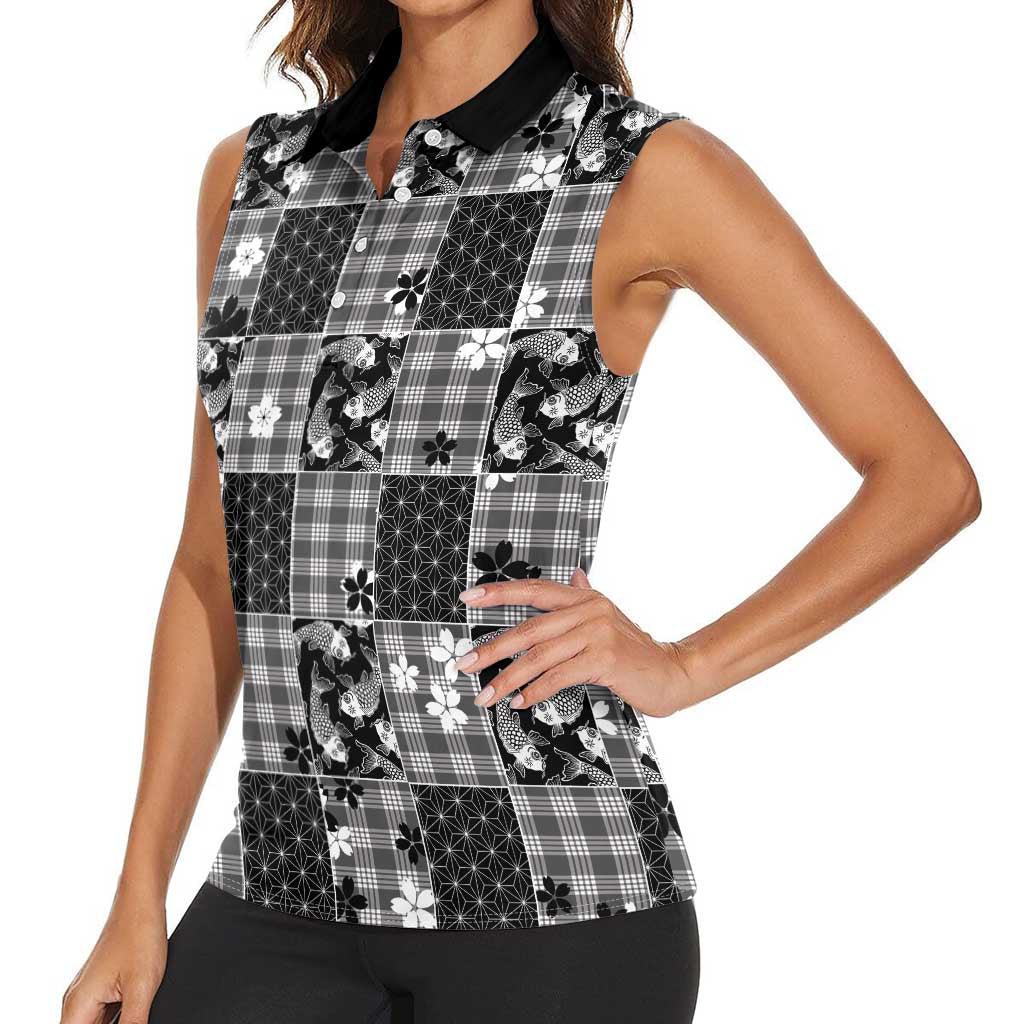 Black Palaka Japanese Patterns Women Sleeveless Polo Shirt Koi Fish Asanoha Sakura Patchwork Stylized LT14 - Polynesian Pride