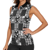 Black Palaka Japanese Patterns Women Sleeveless Polo Shirt Koi Fish Asanoha Sakura Patchwork Stylized LT14 - Polynesian Pride