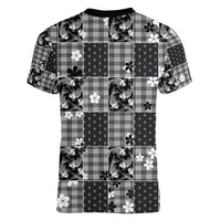 Black Palaka Japanese Patterns Women V-Neck T-Shirt Koi Fish Asanoha Sakura Patchwork Stylized - Polynesian Pride