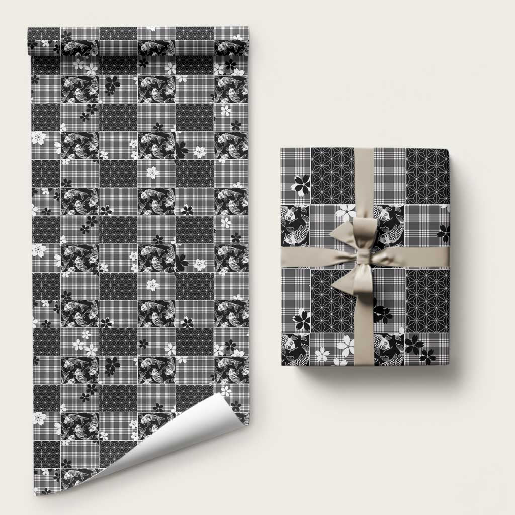 Black Palaka Japanese Patterns Wrapping Paper Koi Fish Asanoha Sakura Patchwork Stylized LT14 58" × 23" Black - Polynesian Pride