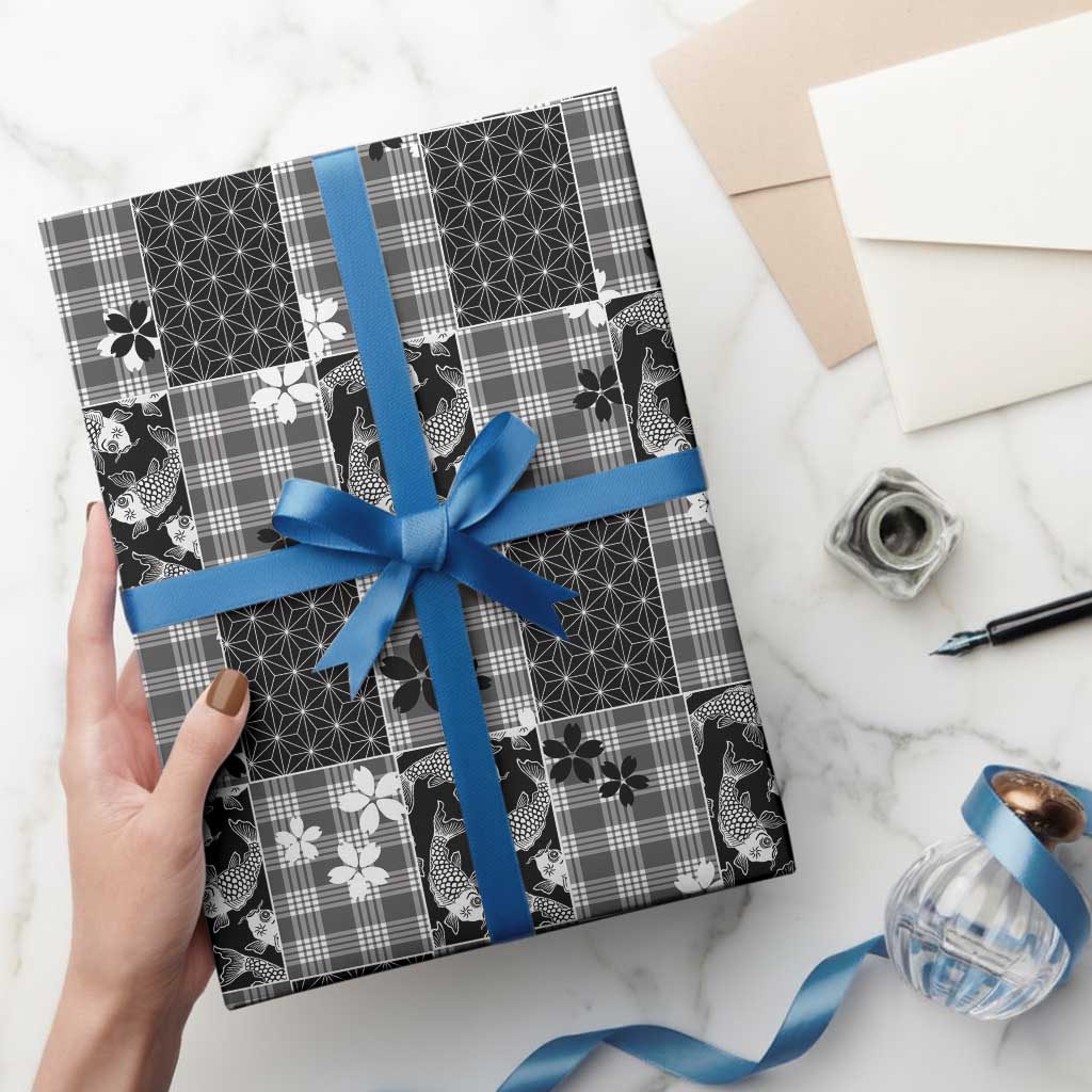 Black Palaka Japanese Patterns Wrapping Paper Koi Fish Asanoha Sakura Patchwork Stylized LT14 - Polynesian Pride