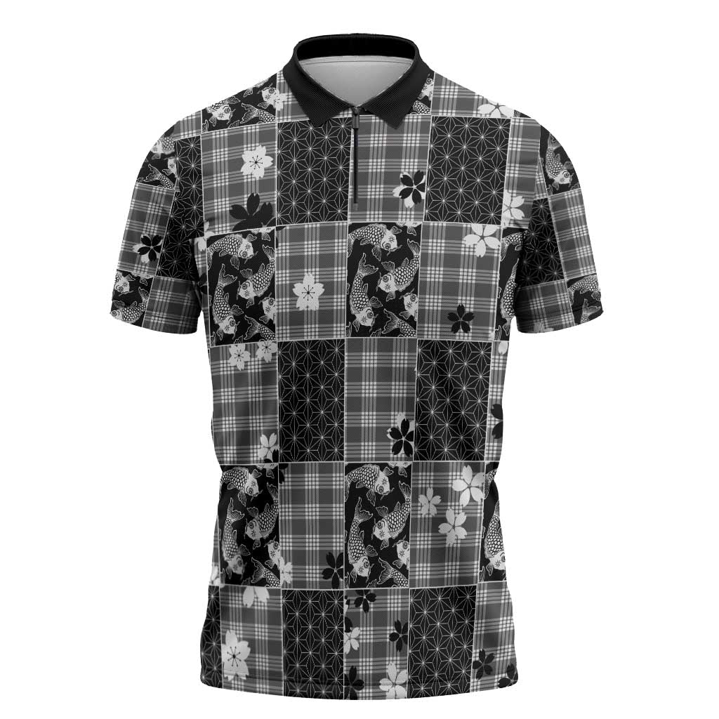 Black Palaka Japanese Patterns Zipper Polo Shirt Koi Fish Asanoha Sakura Patchwork Stylized LT14 Black - Polynesian Pride