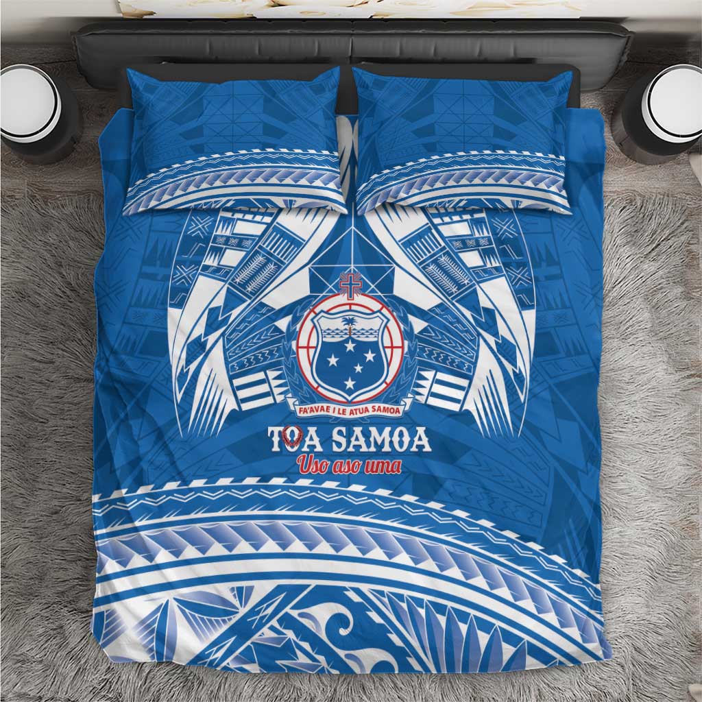 Toa Samoa Rugby Custom Bedding Set Uso aso uma Samoan Pattern Blue - Polynesian Pride