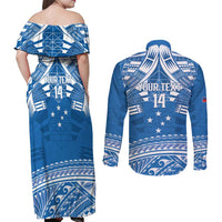 Toa Samoa Rugby Custom Couples Matching Off Shoulder Maxi Dress and Long Sleeve Button Shirt Uso aso uma Samoan Pattern Blue - Polynesian Pride