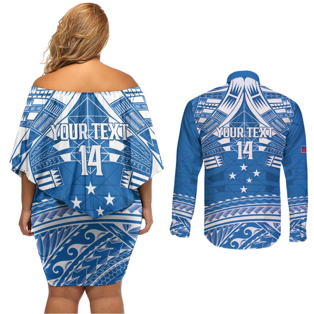 Toa Samoa Rugby Custom Couples Matching Off Shoulder Short Dress and Long Sleeve Button Shirt Uso aso uma Samoan Pattern Blue - Polynesian Pride