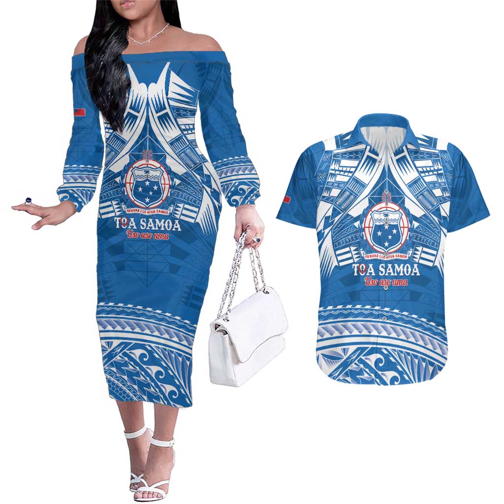 Toa Samoa Rugby Custom Couples Matching Off The Shoulder Long Sleeve Dress and Hawaiian Shirt Uso aso uma Samoan Pattern Blue - Polynesian Pride
