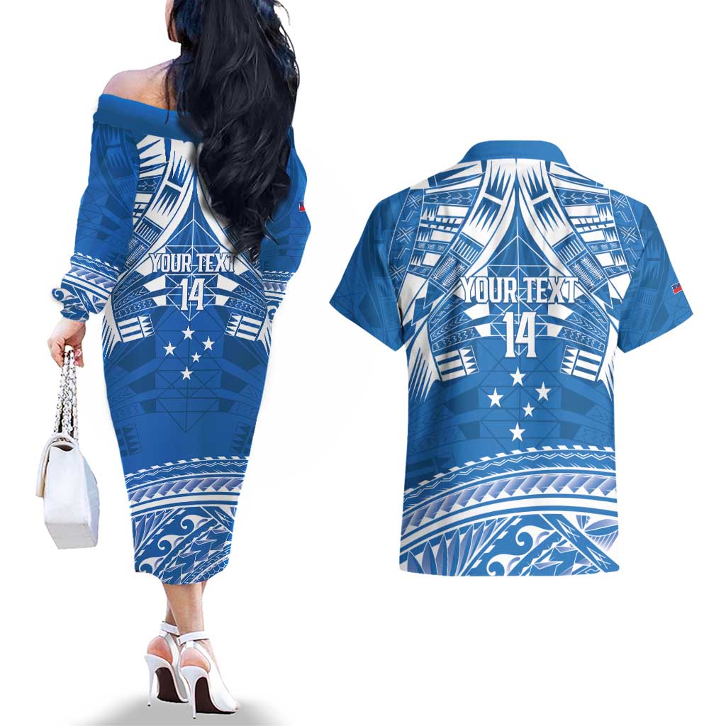 Toa Samoa Rugby Custom Couples Matching Off The Shoulder Long Sleeve Dress and Hawaiian Shirt Uso aso uma Samoan Pattern Blue - Polynesian Pride
