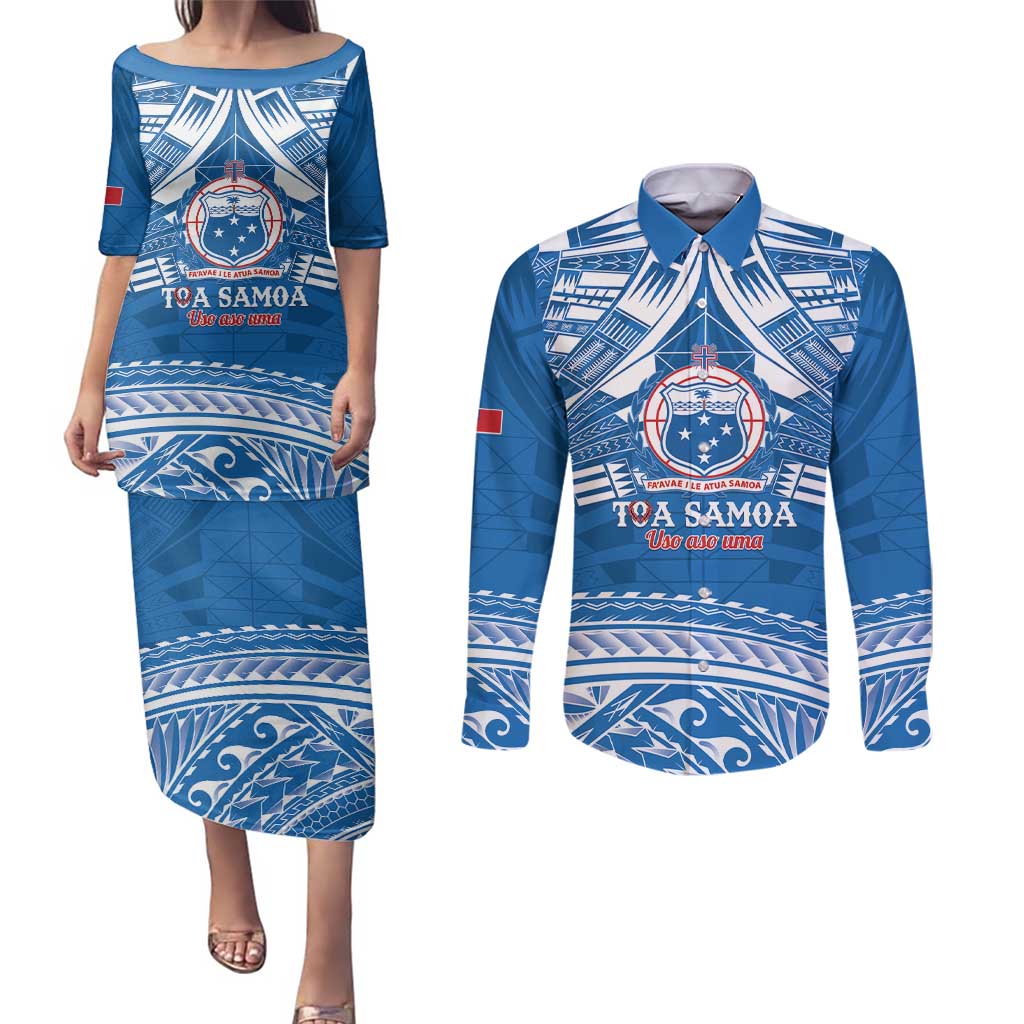 Toa Samoa Rugby Custom Couples Matching Puletasi and Long Sleeve Button Shirt Uso aso uma Samoan Pattern Blue - Polynesian Pride