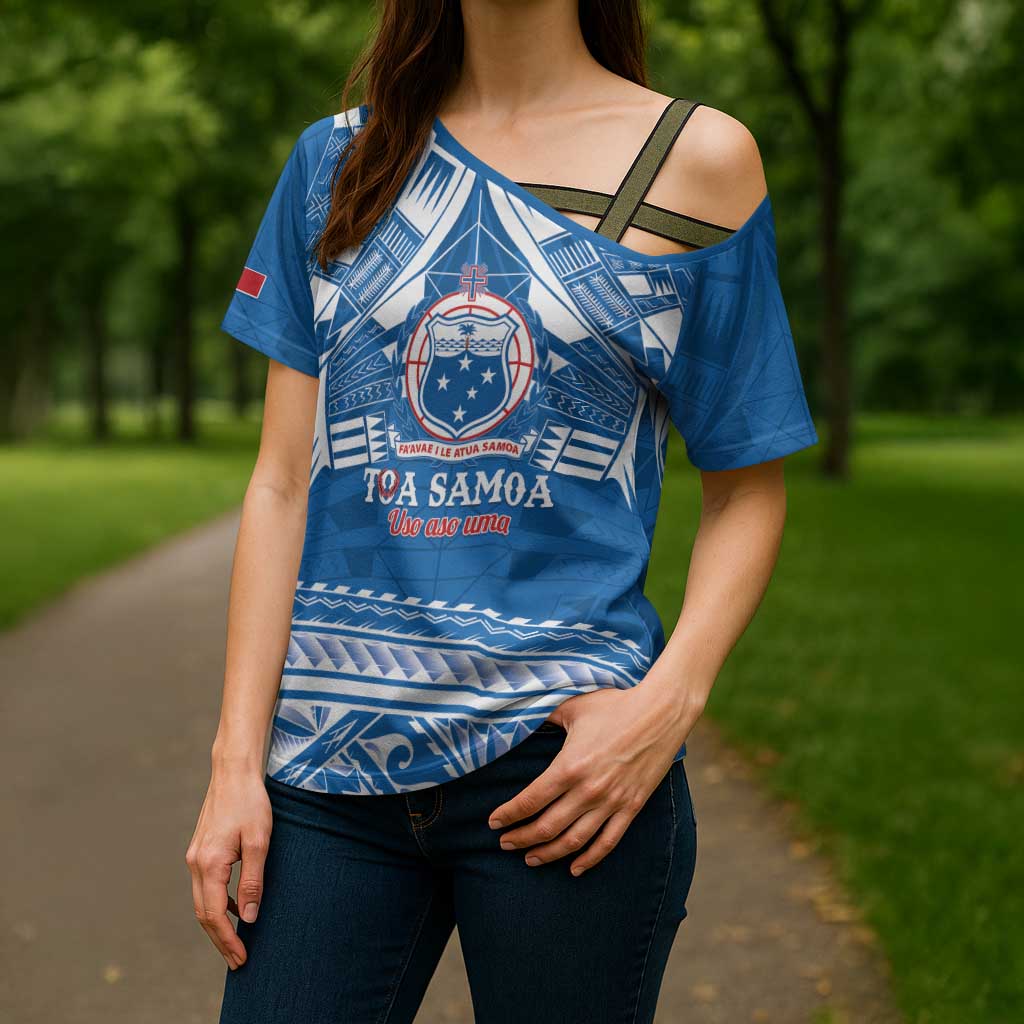 Toa Samoa Rugby Custom Cross Shoulder Shirt Uso aso uma Samoan Pattern Blue - Polynesian Pride