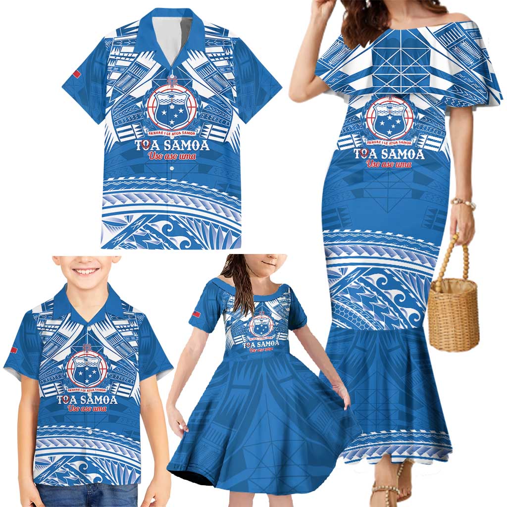 Toa Samoa Rugby Custom Family Matching Mermaid Dress and Hawaiian Shirt Uso aso uma Samoan Pattern Blue - Polynesian Pride
