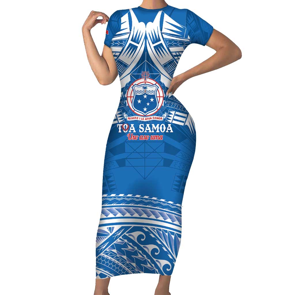 Toa Samoa Rugby Custom Family Matching Short Sleeve Bodycon Dress and Hawaiian Shirt Uso aso uma Samoan Pattern Blue - Polynesian Pride