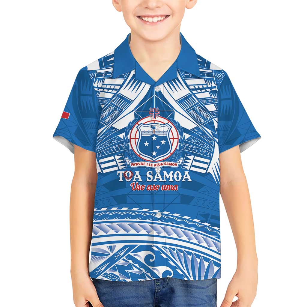 Toa Samoa Rugby Custom Kid Hawaiian Shirt Uso aso uma Samoan Pattern Blue - Polynesian Pride
