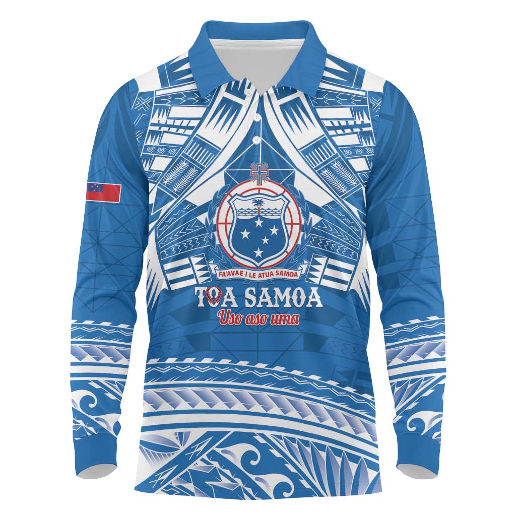 Toa Samoa Rugby Custom Long Sleeve Polo Shirt Uso aso uma Samoan Pattern Blue - Polynesian Pride