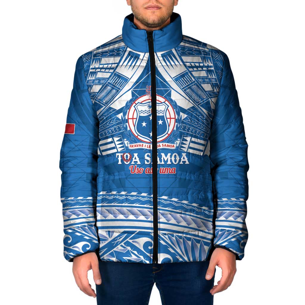 Toa Samoa Rugby Custom Padded Jacket Uso aso uma Samoan Pattern Blue - Polynesian Pride