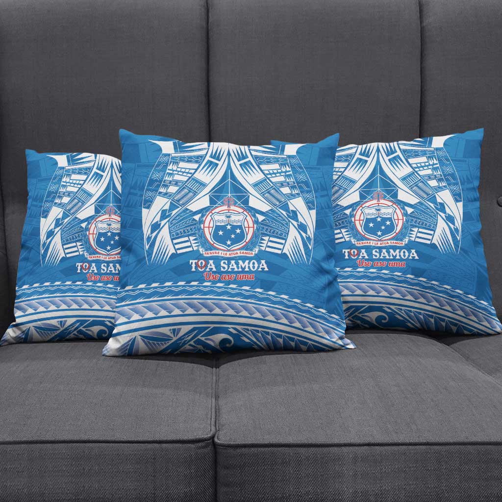 Toa Samoa Rugby Custom Pillow Cover Uso aso uma Samoan Pattern Blue - Polynesian Pride