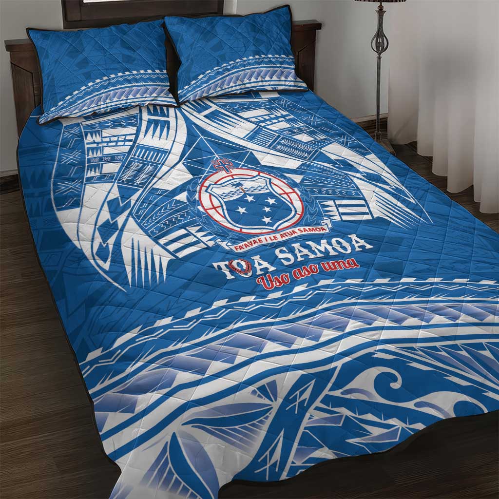 Toa Samoa Rugby Custom Quilt Bed Set Uso aso uma Samoan Pattern Blue - Polynesian Pride