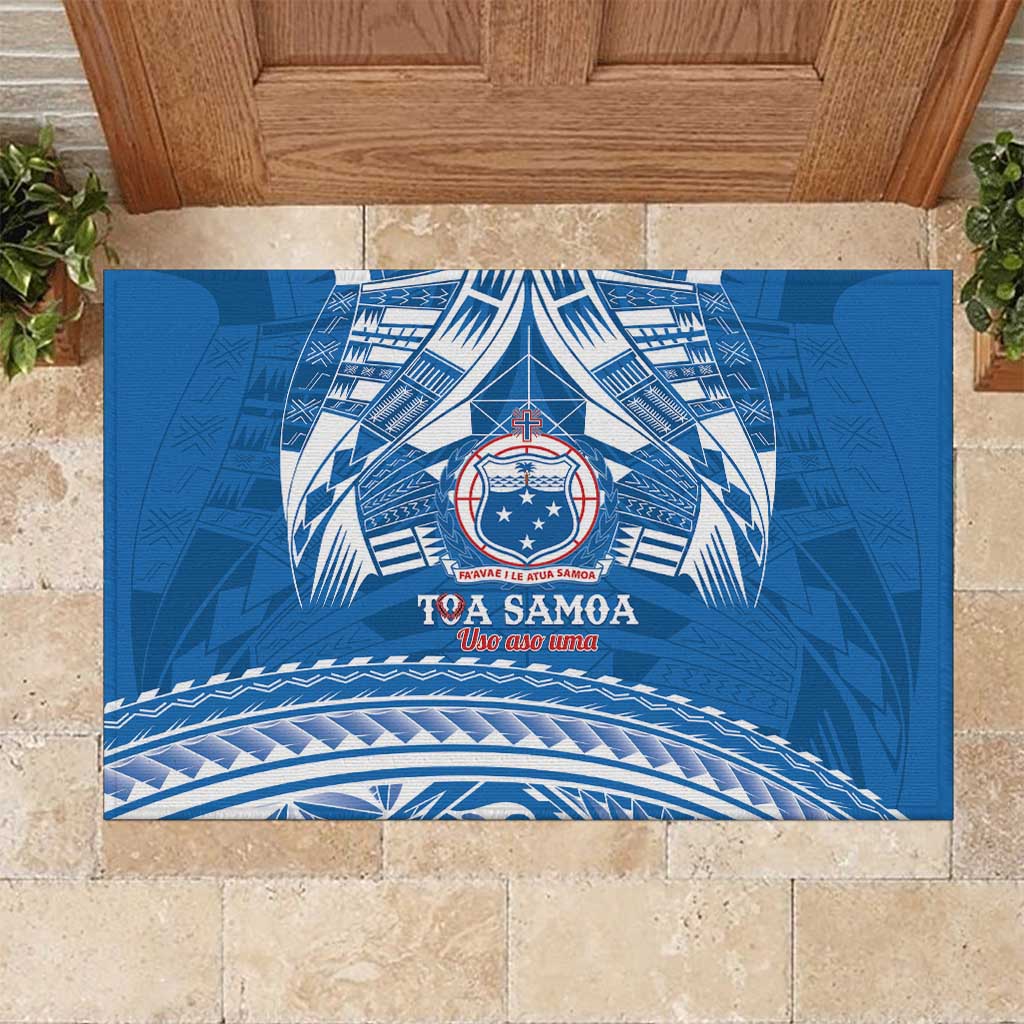Toa Samoa Rugby Custom Rubber Doormat Uso aso uma Samoan Pattern Blue - Polynesian Pride