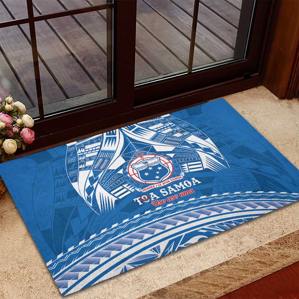 Toa Samoa Rugby Custom Rubber Doormat Uso aso uma Samoan Pattern Blue - Polynesian Pride
