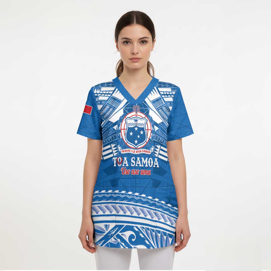 Toa Samoa Rugby Custom Scrub Top Uso aso uma Samoan Pattern Blue - Polynesian Pride