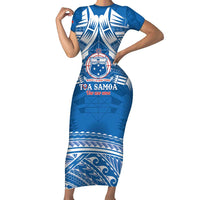 Toa Samoa Rugby Custom Short Sleeve Bodycon Dress Uso aso uma Samoan Pattern Blue - Polynesian Pride