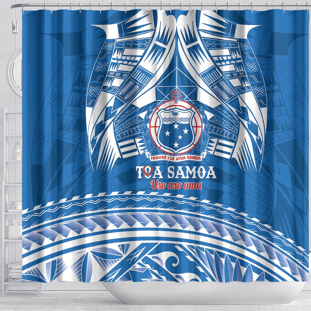 Toa Samoa Rugby Custom Shower Curtain Uso aso uma Samoan Pattern Blue - Polynesian Pride