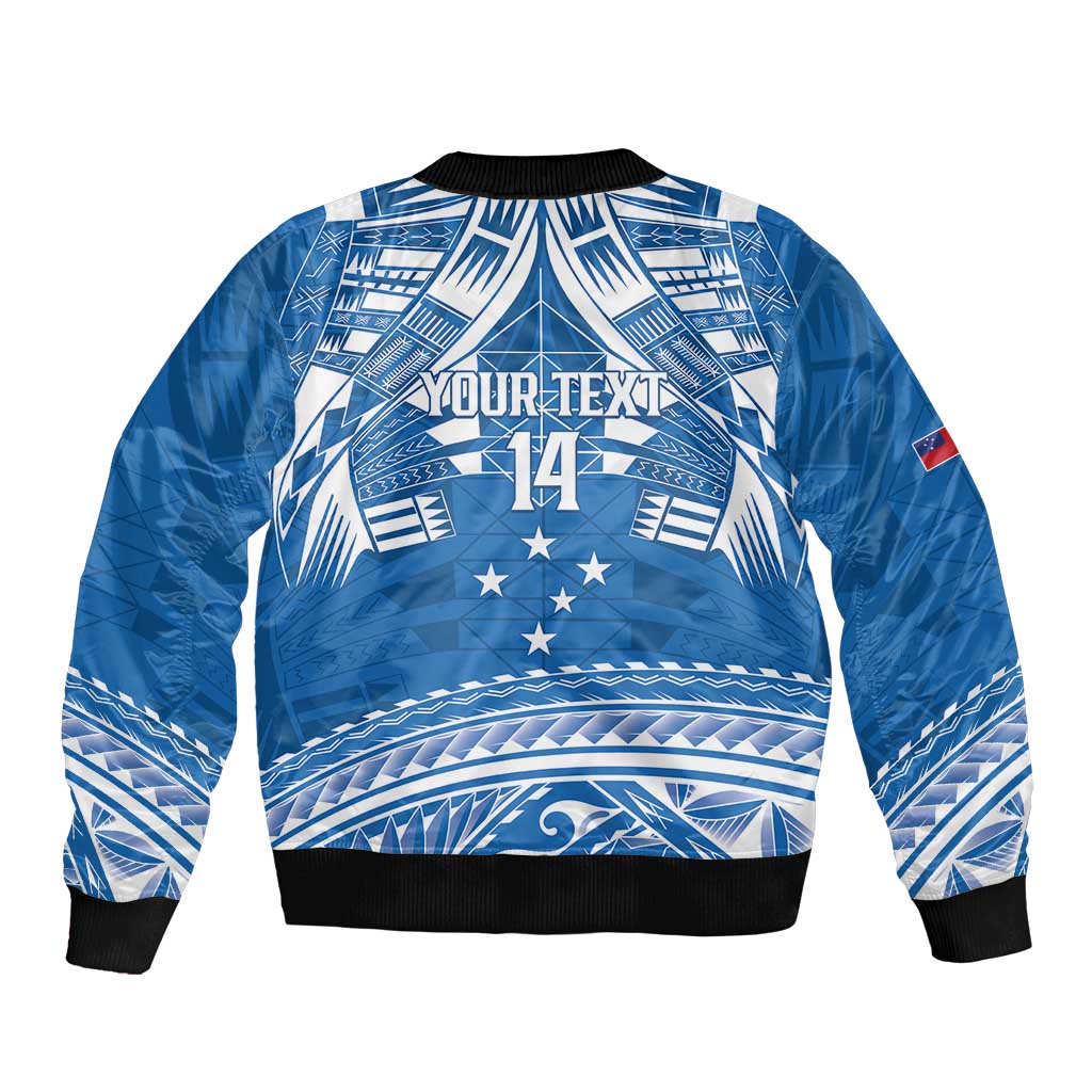 Toa Samoa Rugby Custom Sleeve Zip Bomber Jacket Uso aso uma Samoan Pattern Blue - Polynesian Pride