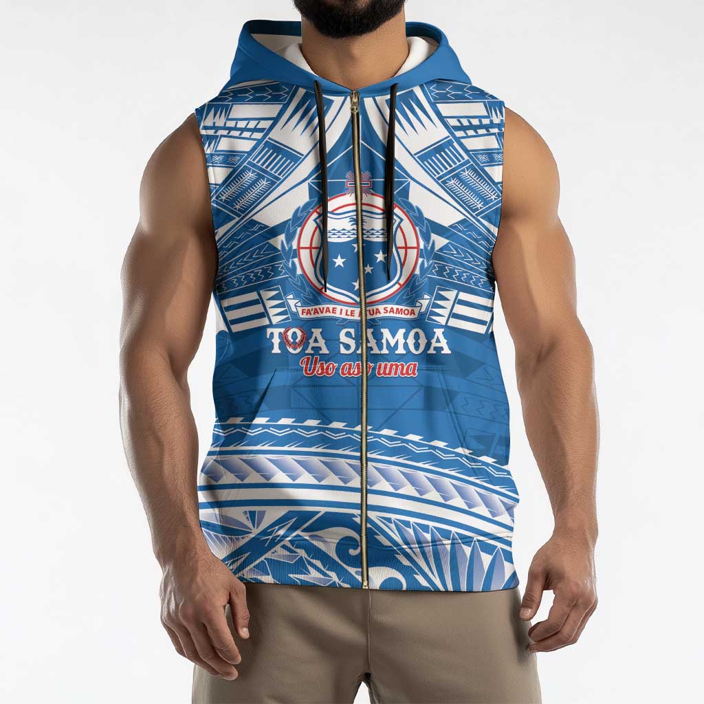 Toa Samoa Rugby Custom Sleeveless Zip Hoodie Uso aso uma Samoan Pattern Blue - Polynesian Pride