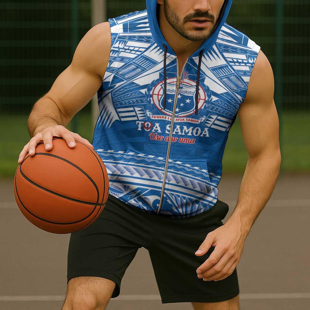 Toa Samoa Rugby Custom Sleeveless Zip Hoodie Uso aso uma Samoan Pattern Blue - Polynesian Pride
