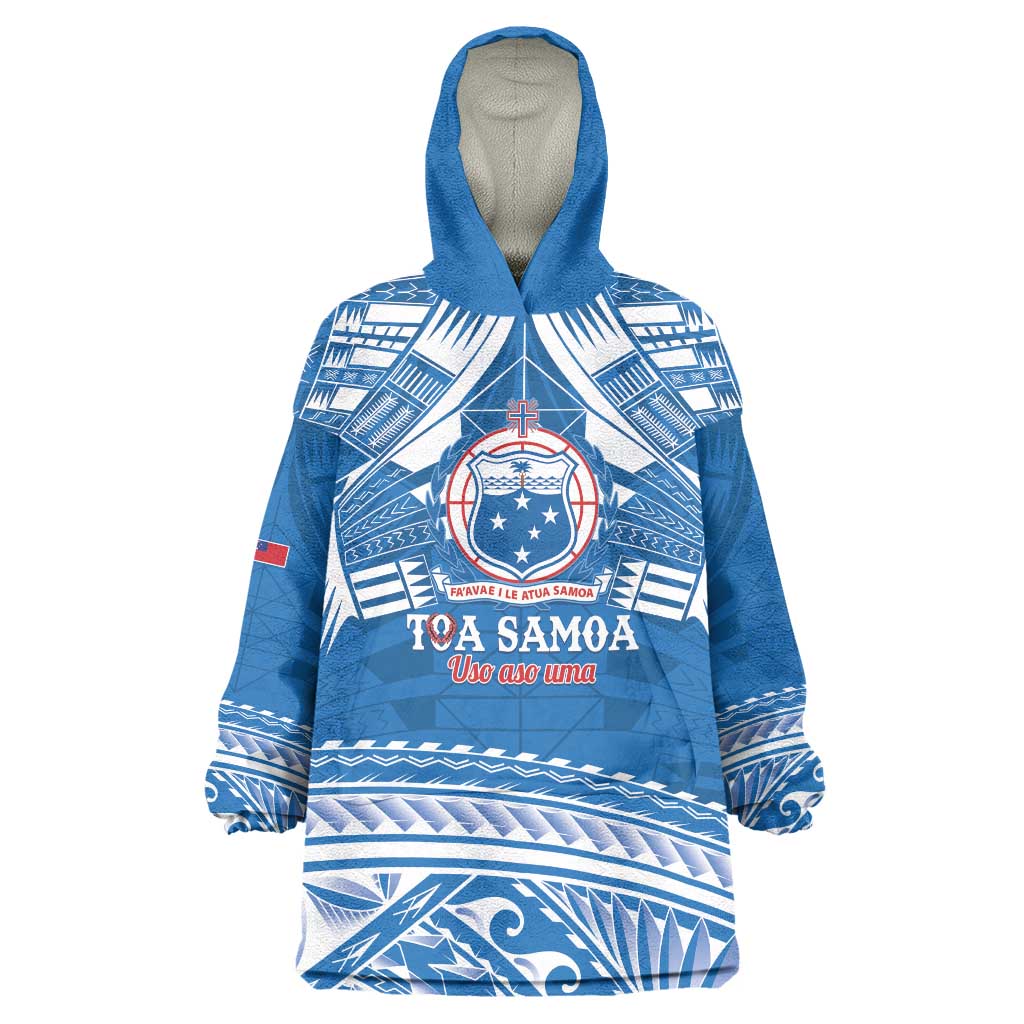 Toa Samoa Rugby Custom Wearable Blanket Hoodie Uso aso uma Samoan Pattern Blue - Polynesian Pride