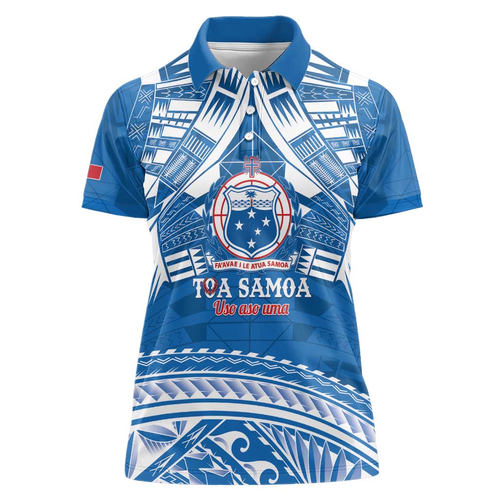 Toa Samoa Rugby Custom Women Polo Shirt Uso aso uma Samoan Pattern Blue - Polynesian Pride