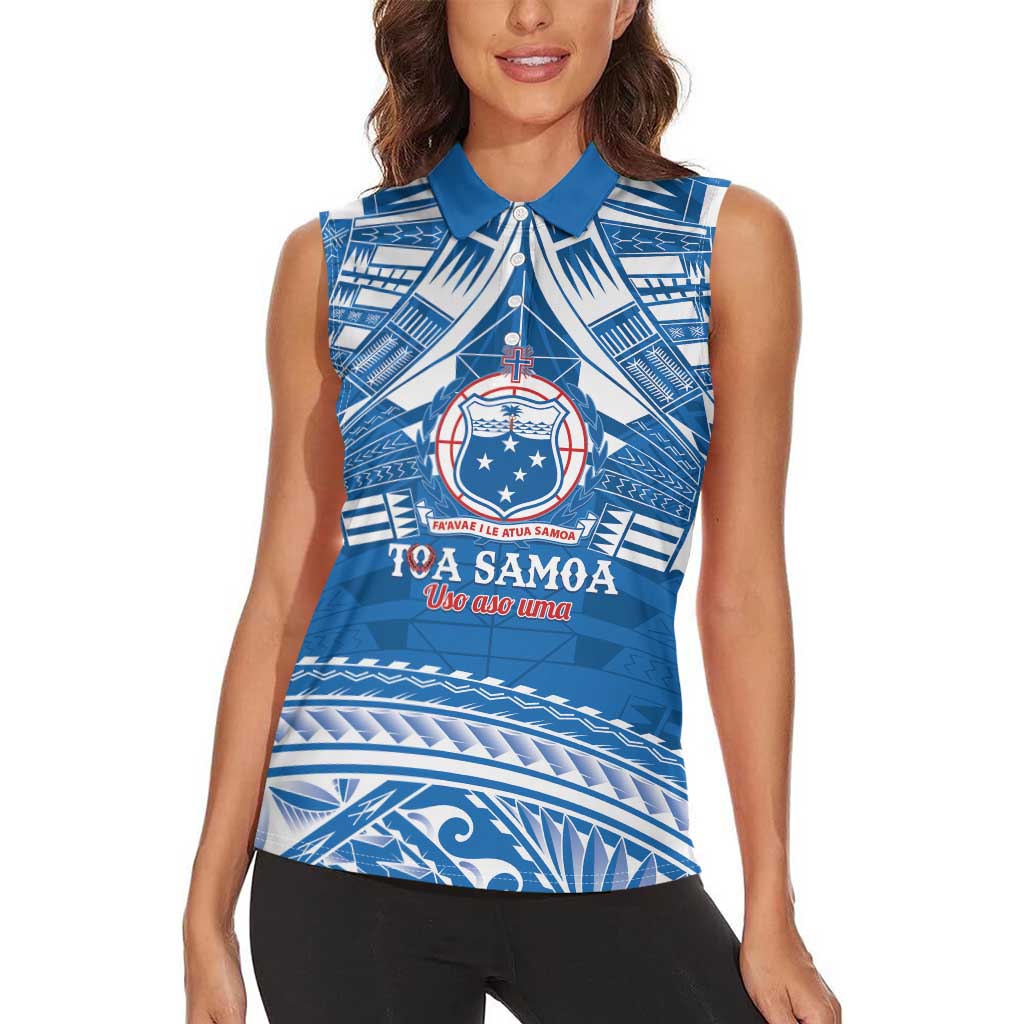 Toa Samoa Rugby Custom Women Sleeveless Polo Shirt Uso aso uma Samoan Pattern Blue - Polynesian Pride