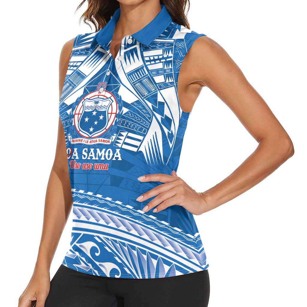 Toa Samoa Rugby Custom Women Sleeveless Polo Shirt Uso aso uma Samoan Pattern Blue - Polynesian Pride