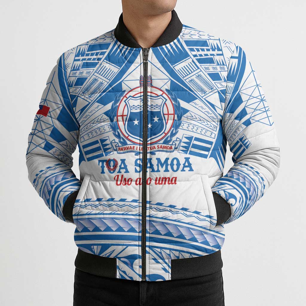 Toa Samoa Rugby Custom Bomber Puffer Jacket Uso aso uma Samoan Pattern White - Polynesian Pride
