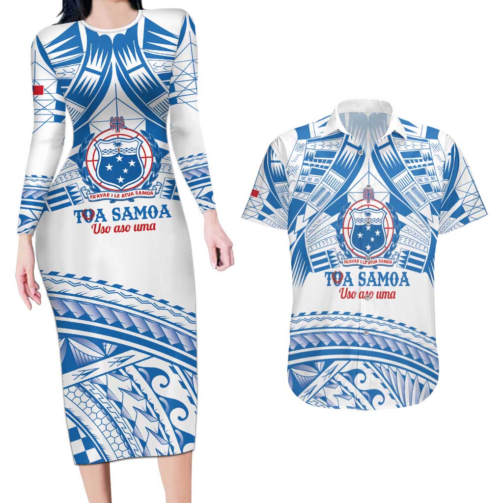 Toa Samoa Rugby Custom Couples Matching Long Sleeve Bodycon Dress and Hawaiian Shirt Uso aso uma Samoan Pattern White - Polynesian Pride