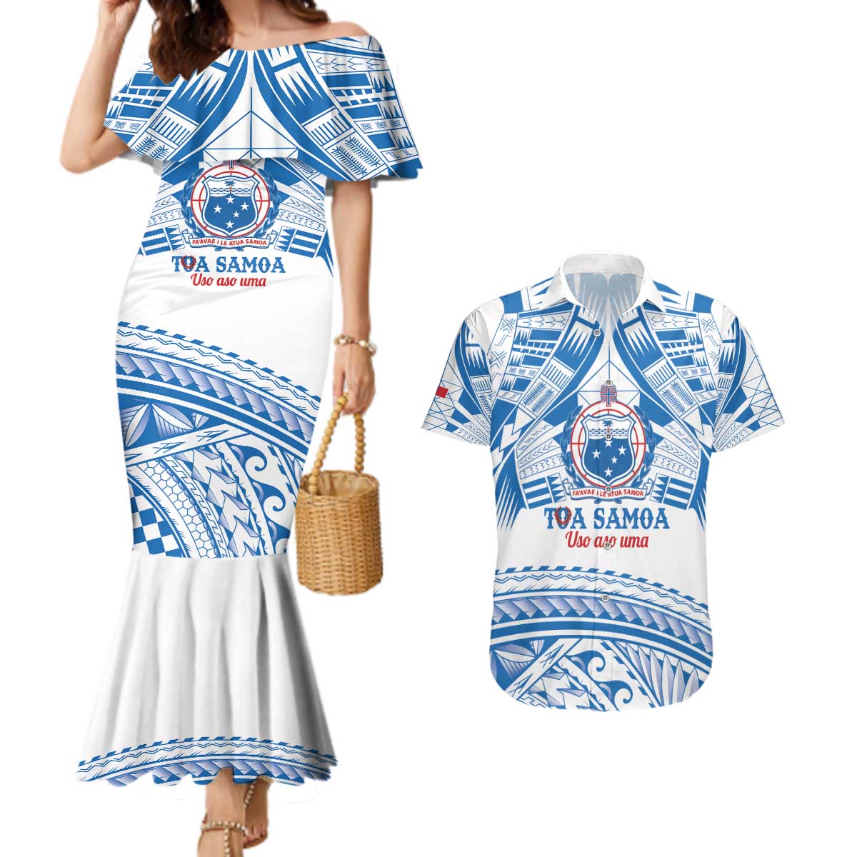 Toa Samoa Rugby Custom Couples Matching Mermaid Dress and Hawaiian Shirt Uso aso uma Samoan Pattern White - Polynesian Pride
