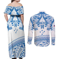 Toa Samoa Rugby Custom Couples Matching Off Shoulder Maxi Dress and Long Sleeve Button Shirt Uso aso uma Samoan Pattern White - Polynesian Pride
