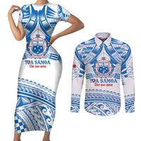 Toa Samoa Rugby Custom Couples Matching Short Sleeve Bodycon Dress and Long Sleeve Button Shirt Uso aso uma Samoan Pattern White - Polynesian Pride